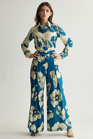 Blue & White Muslin Cotton Silk Floral Pleated Pants by Koai
