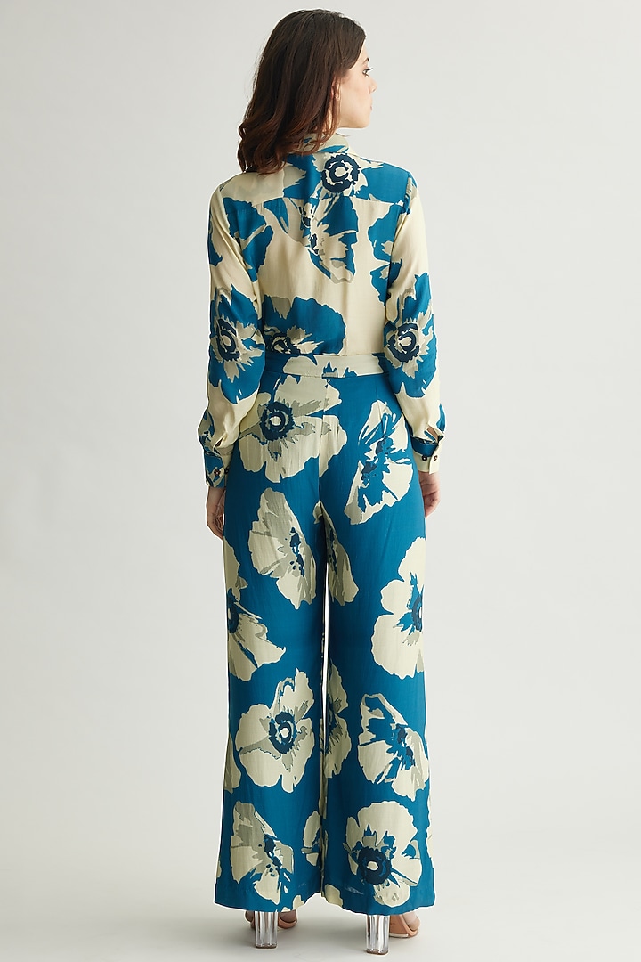 Blue & White Muslin Cotton Silk Floral Pleated Pants by Koai at Pernia's Pop Up Shop
