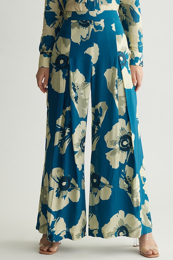 Blue & White Muslin Cotton Silk Floral Pleated Pants by Koai at Pernia's Pop Up Shop