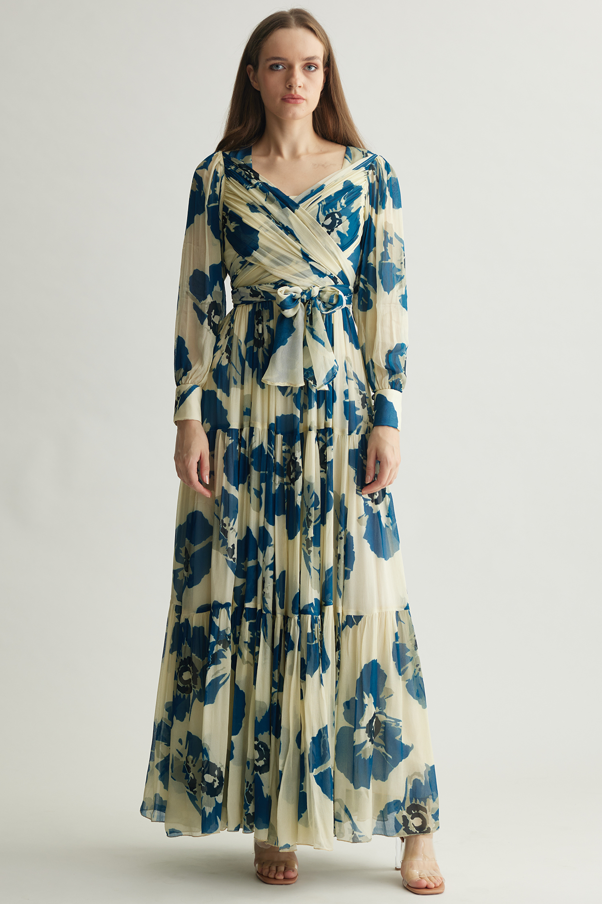 White & Blue Chiffon Floral Wrap Maxi Dress by Koai at Pernia's Pop Up Shop