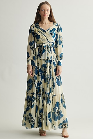 White & Blue Chiffon Floral Wrap Maxi Dress by Koai