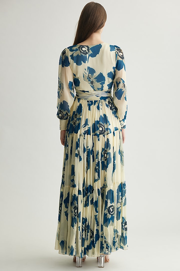 White & Blue Chiffon Floral Wrap Maxi Vacation Dress by Koai at Pernia's Pop Up Shop