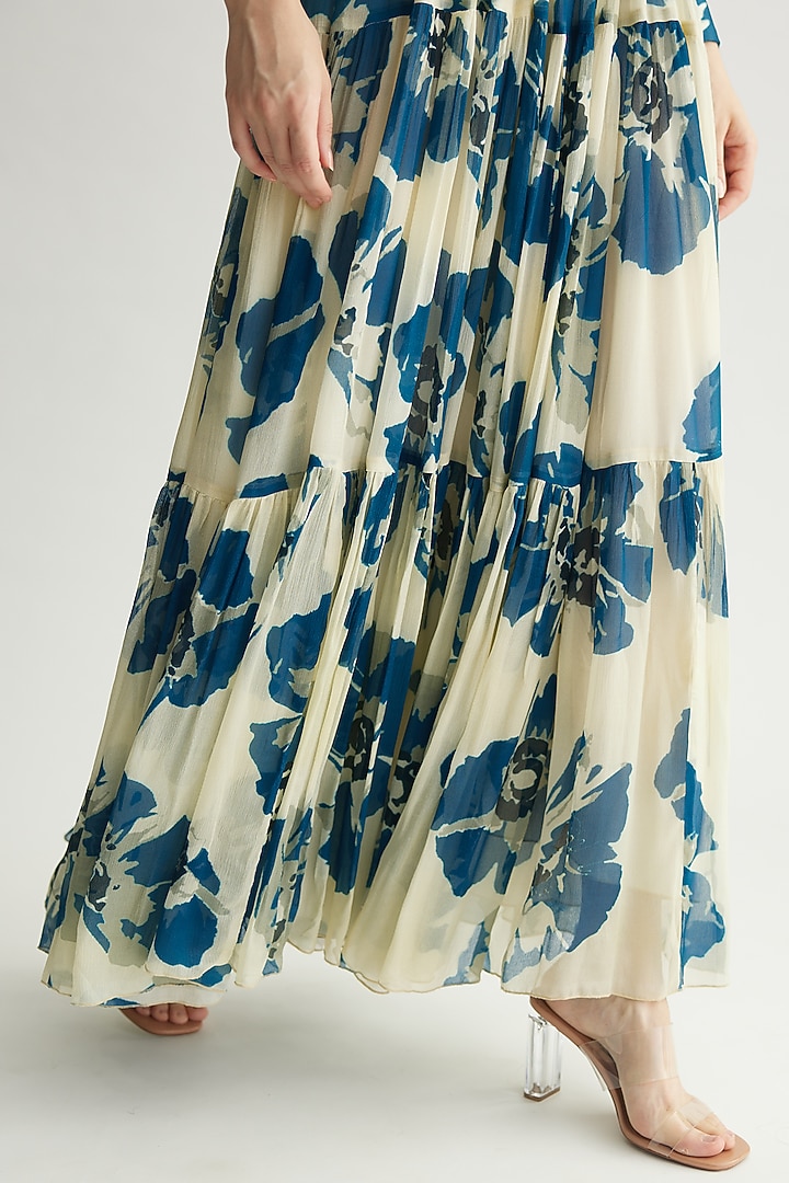 White & Blue Chiffon Floral Wrap Maxi Vacation Dress by Koai at Pernia's Pop Up Shop