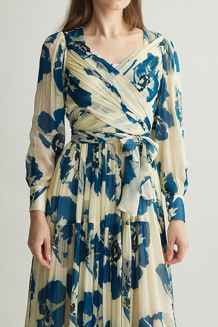 White & Blue Chiffon Floral Wrap Maxi Vacation Dress by Koai at Pernia's Pop Up Shop