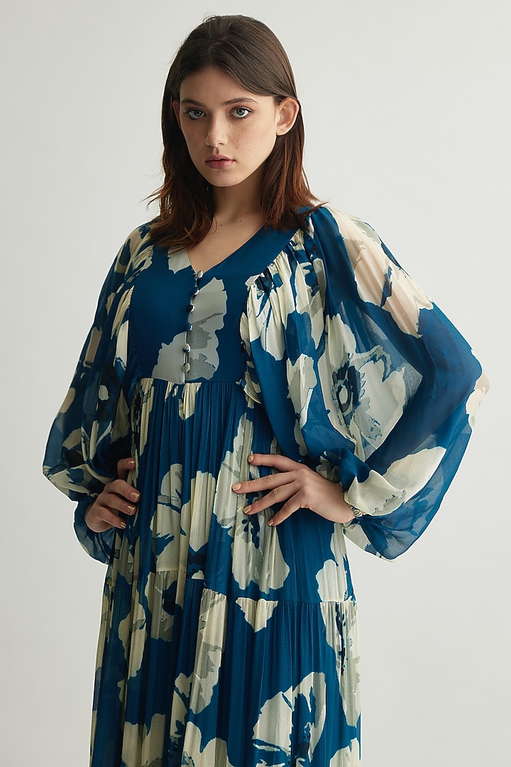 Blue & White Chiffon Floral Jumpsuit by Koai at Pernia's Pop Up Shop