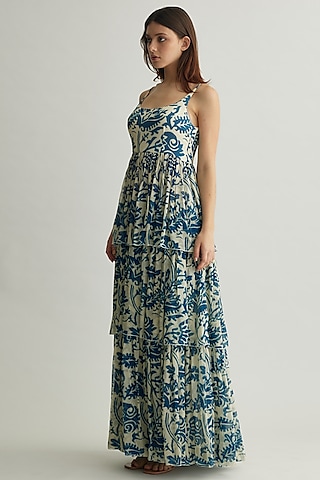 White & Blue Chiffon Floral Maxi Dress by Koai