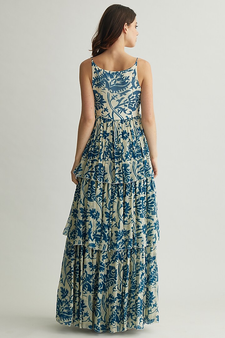 White & Blue Chiffon Floral Maxi Vacation Dress by Koai at Pernia's Pop Up Shop