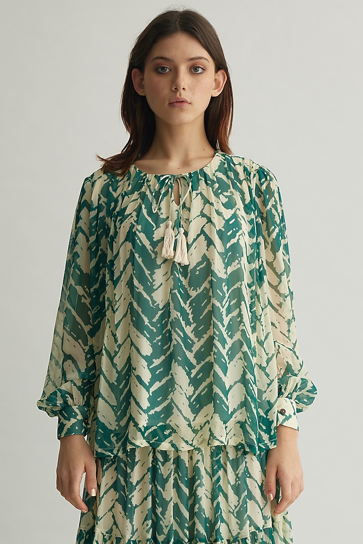 Beige & Mint Georgette Chevron Printed Top by Koai at Pernia's Pop Up Shop