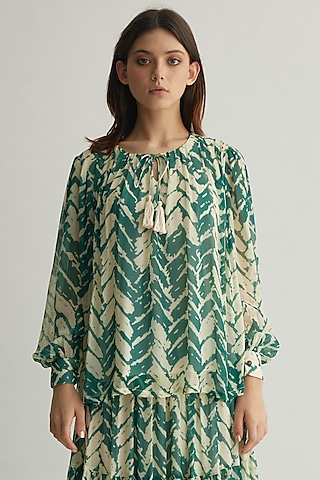 Beige & Mint Georgette Chevron Printed Top by Koai