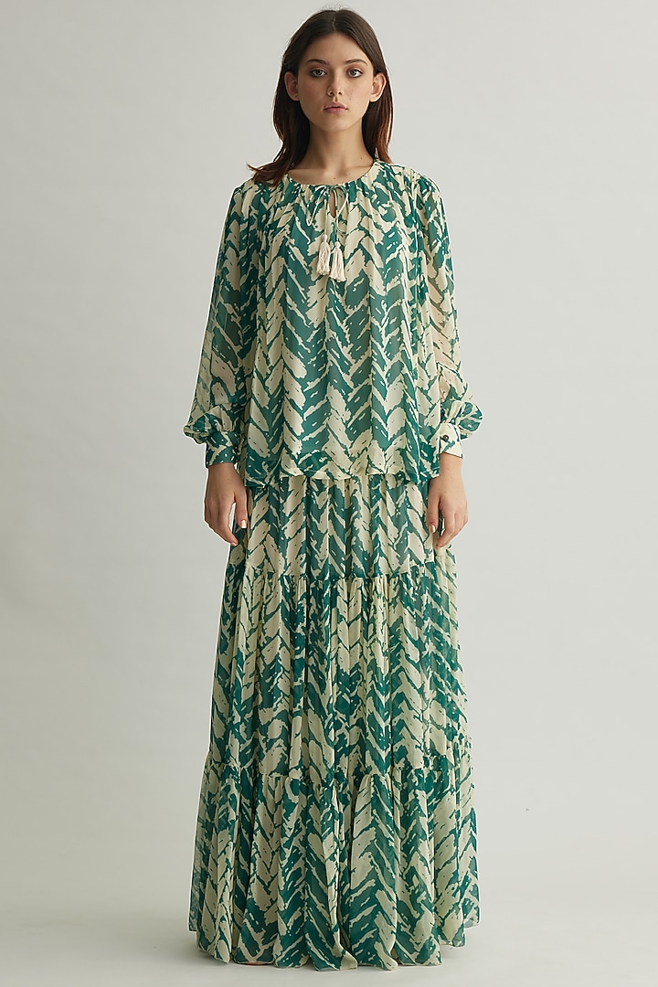 Beige & Mint Georgette Chevron Printed Skirt by Koai at Pernia's Pop Up Shop