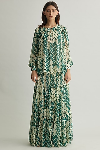 Beige & Mint Georgette Chevron Printed Skirt by Koai