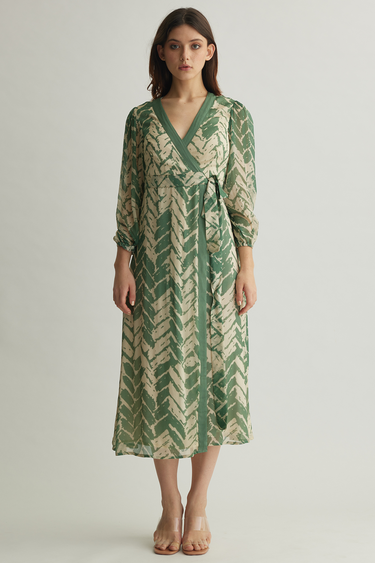 Beige & Mint Chiffon Chevron Printed Wrap Dress by Koai at Pernia's Pop Up Shop