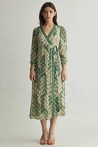 Beige & Mint Chiffon Chevron Printed Wrap Dress by Koai