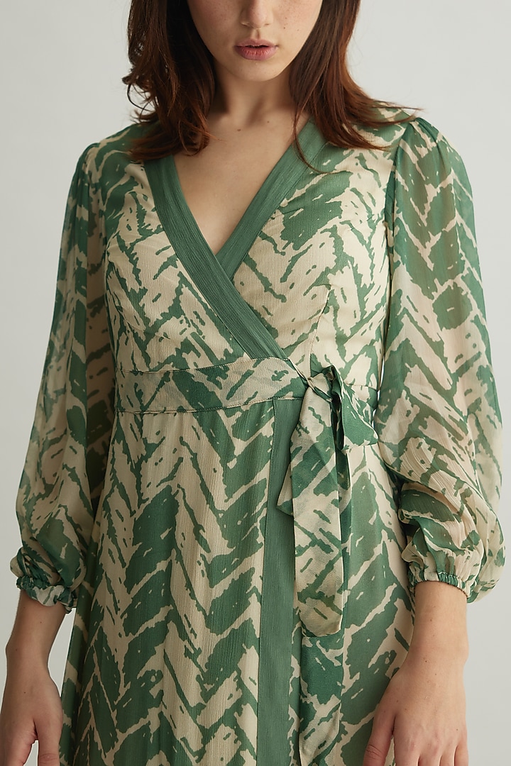 Beige & Mint Chiffon Chevron Printed Wrap Vacation Dress by Koai at Pernia's Pop Up Shop