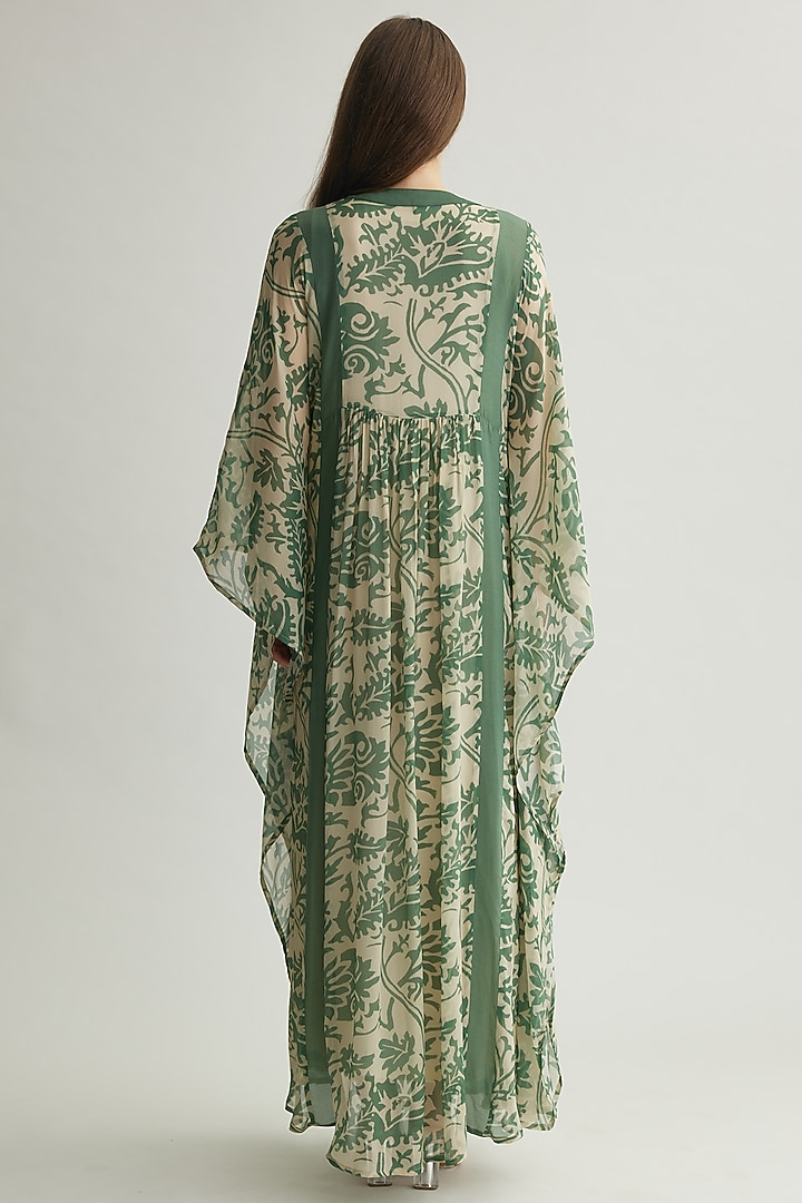 Beige & Mint Chiffon Chevron Printed Kaftan by Koai at Pernia's Pop Up Shop