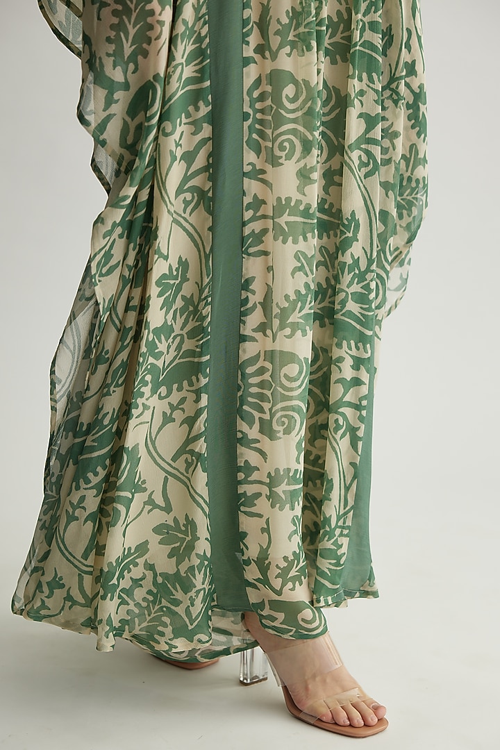 Beige & Mint Chiffon Chevron Printed Kaftan by Koai at Pernia's Pop Up Shop