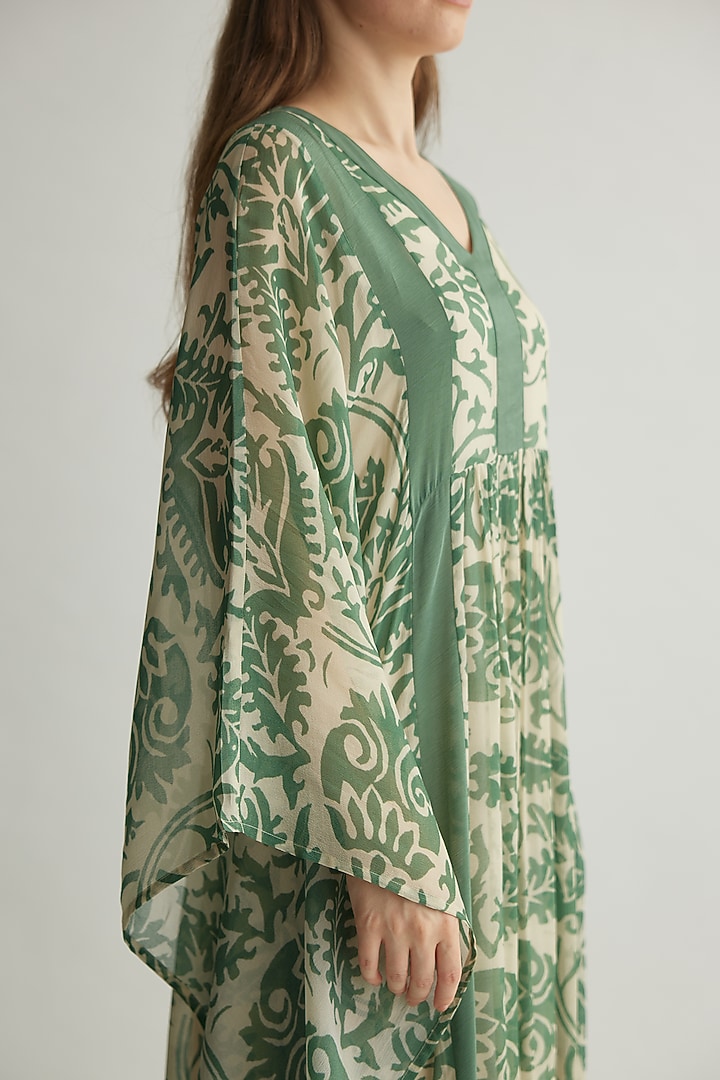 Beige & Mint Chiffon Chevron Printed Kaftan by Koai at Pernia's Pop Up Shop