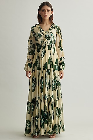Beige & Green Chiffon Floral Frilled Maxi Dress by Koai