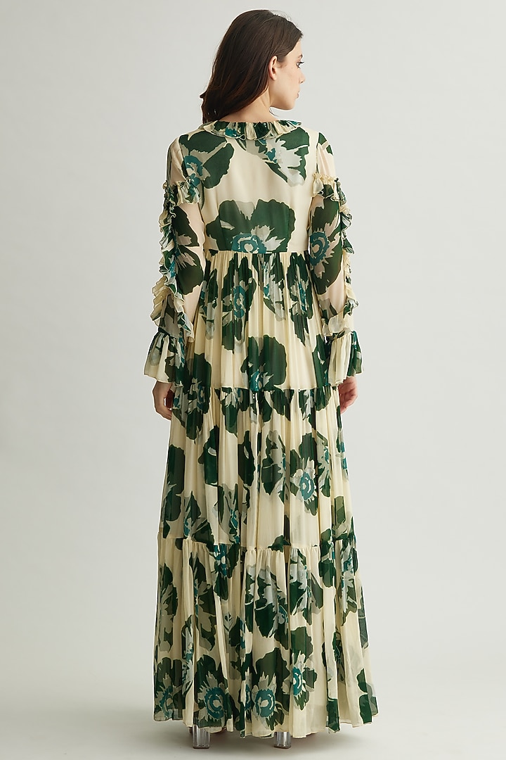 Beige & Green Chiffon Floral Frilled Maxi Vacation Dress by Koai at Pernia's Pop Up Shop