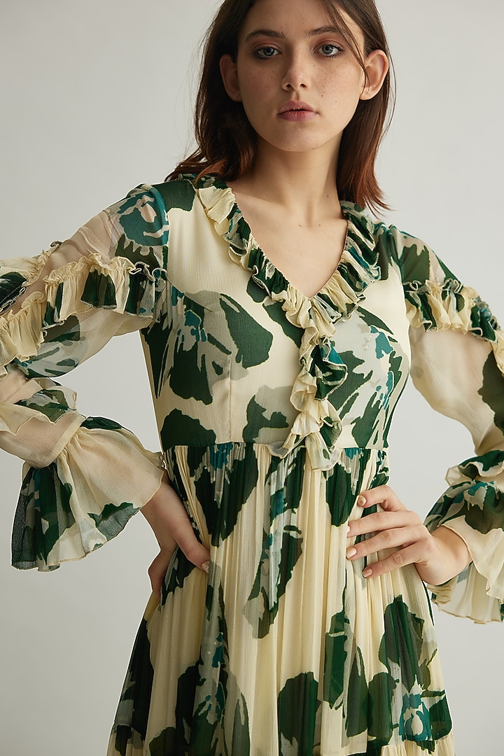 Beige & Green Chiffon Floral Frilled Maxi Vacation Dress by Koai at Pernia's Pop Up Shop