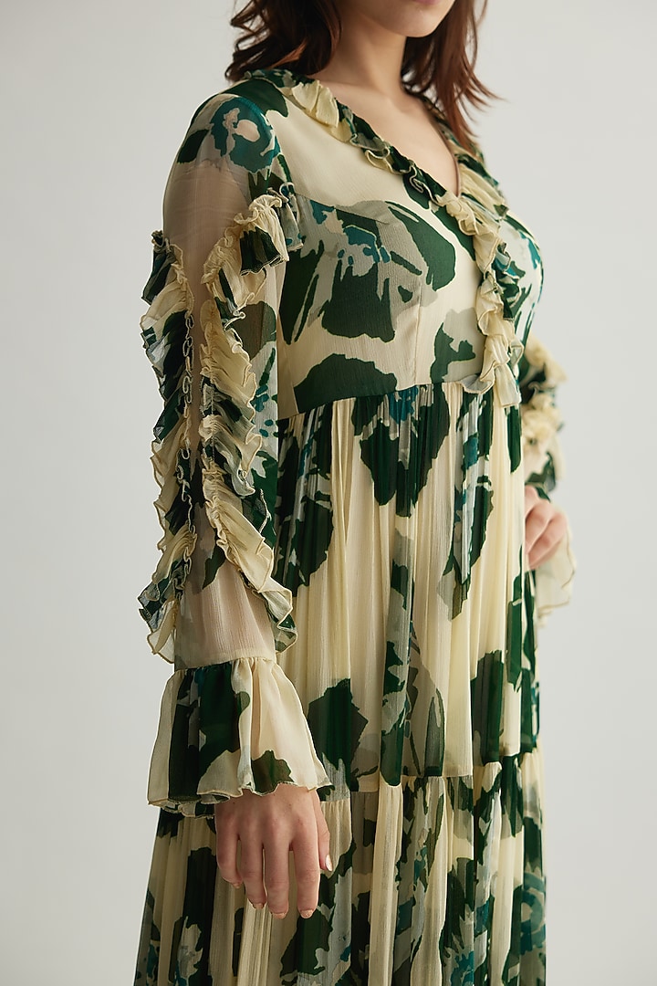 Beige & Green Chiffon Floral Frilled Maxi Vacation Dress by Koai at Pernia's Pop Up Shop