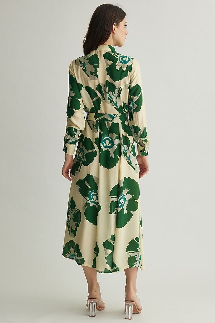 Beige & Green Muslin Cotton Silk Floral Summer Shirt Dress by Koai at Pernia's Pop Up Shop