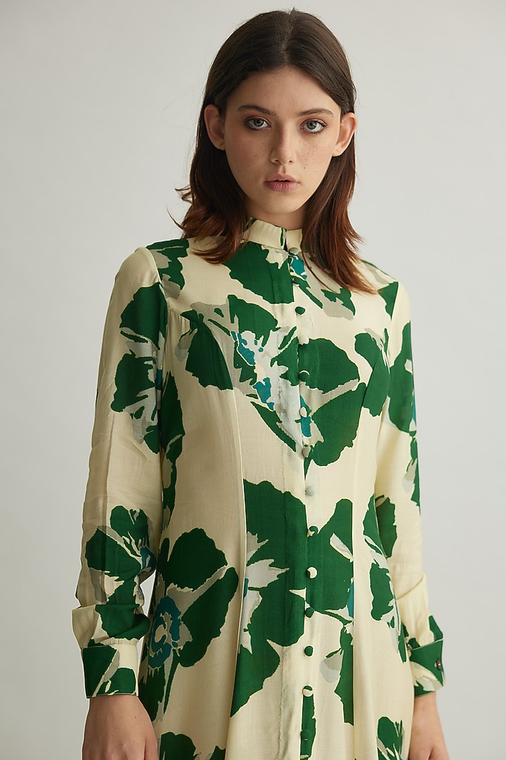 Beige & Green Muslin Cotton Silk Floral Summer Shirt Dress by Koai at Pernia's Pop Up Shop
