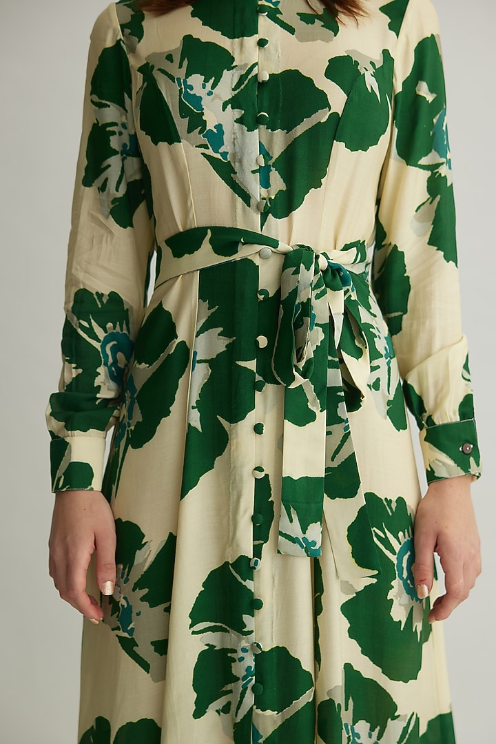 Beige & Green Muslin Cotton Silk Floral Summer Shirt Dress by Koai at Pernia's Pop Up Shop
