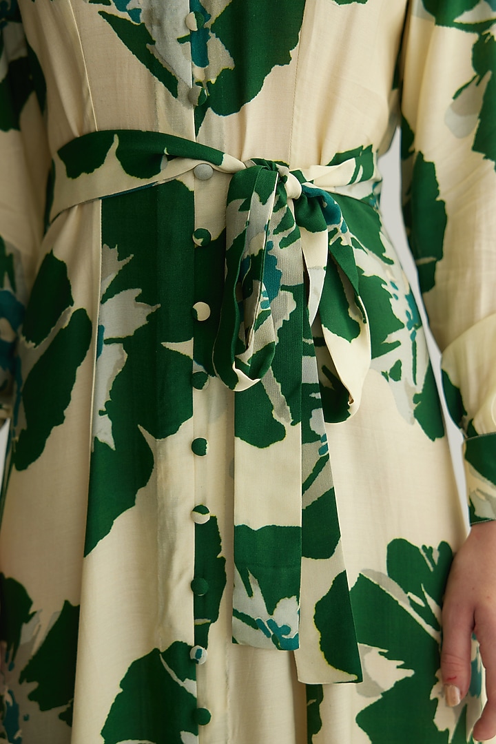 Beige & Green Muslin Cotton Silk Floral Summer Shirt Dress by Koai at Pernia's Pop Up Shop