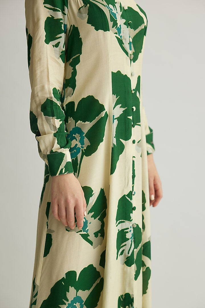 Beige & Green Muslin Cotton Silk Floral Summer Shirt Dress by Koai at Pernia's Pop Up Shop