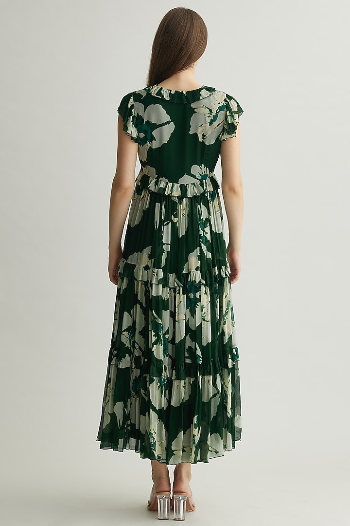 Green & Beige Chiffon Floral Midi Vacation Dress by Koai at Pernia's Pop Up Shop