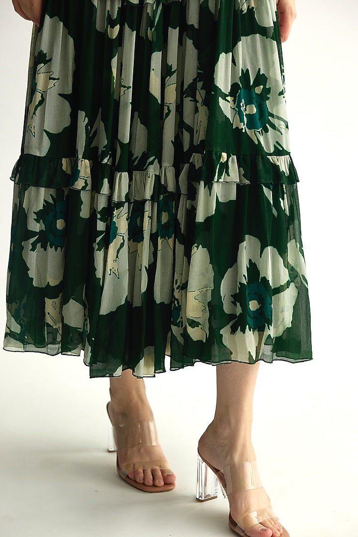 Green & Beige Chiffon Floral Midi Vacation Dress by Koai at Pernia's Pop Up Shop