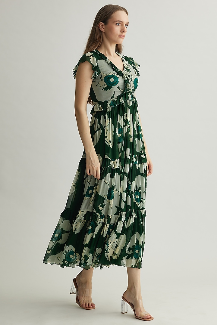 Green & Beige Chiffon Floral Midi Vacation Dress by Koai at Pernia's Pop Up Shop