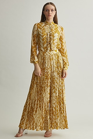 Beige & Mustard Georgette Chevron Printed Pants by Koai