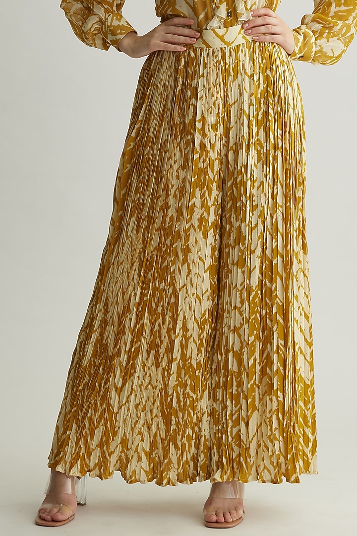 Beige & Mustard Georgette Chevron Printed Pants by Koai at Pernia's Pop Up Shop