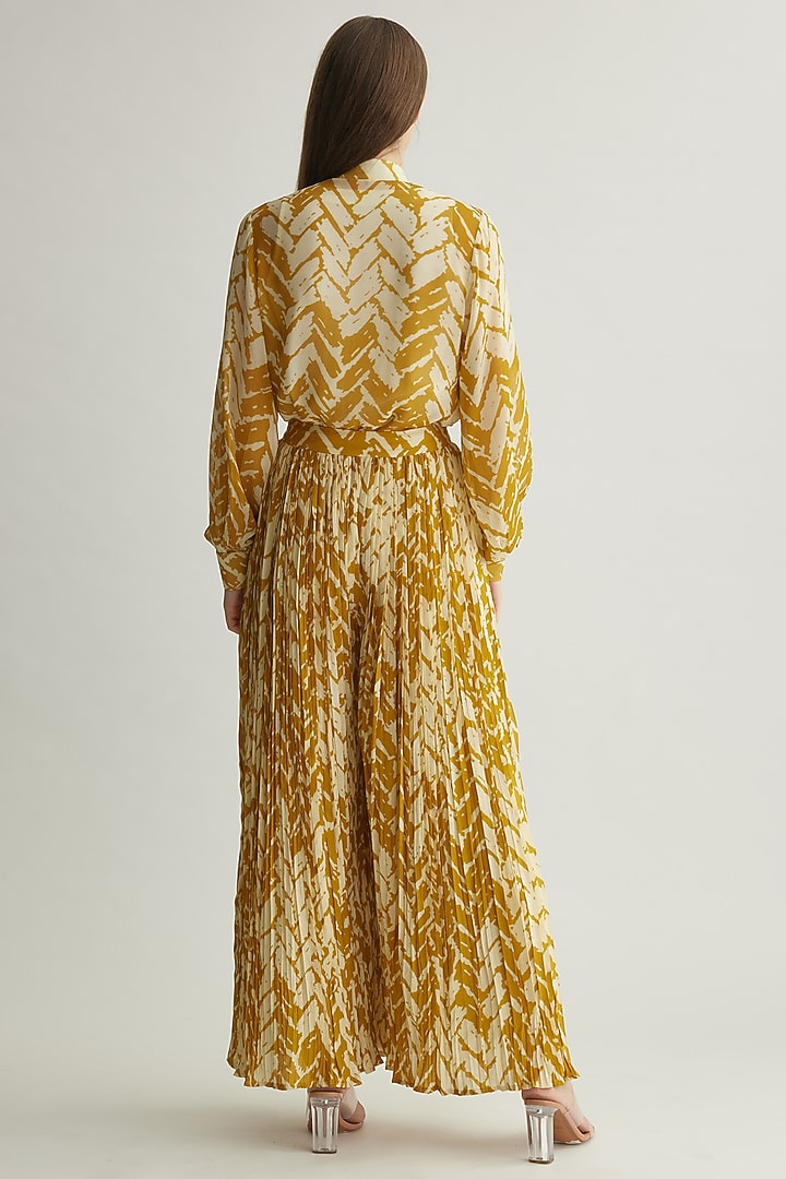 Beige & Mustard Georgette Chevron Printed Pants by Koai at Pernia's Pop Up Shop