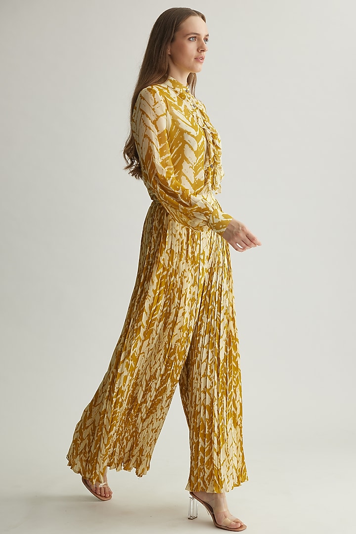 Beige & Mustard Georgette Chevron Printed Pants by Koai at Pernia's Pop Up Shop