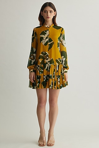 Mustard & Green Chiffon Floral Mini Dress by Koai