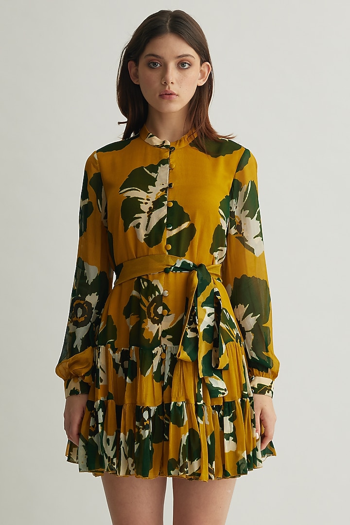 Mustard & Green Chiffon Floral Mini Summer Dress by Koai at Pernia's Pop Up Shop