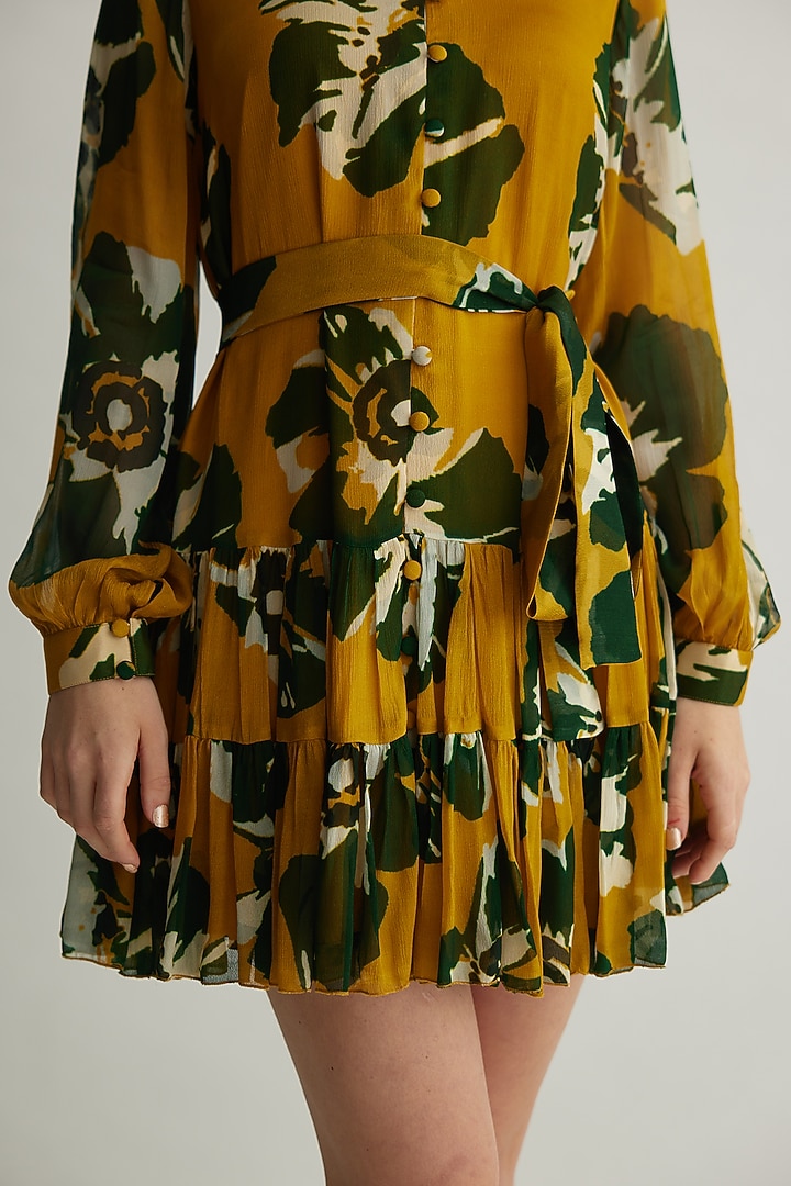 Mustard & Green Chiffon Floral Mini Summer Dress by Koai at Pernia's Pop Up Shop