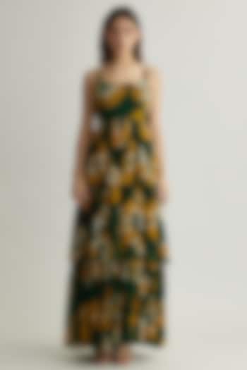 Green & Mustard Chiffon Floral Maxi Dress by Koai at Pernia's Pop Up Shop
