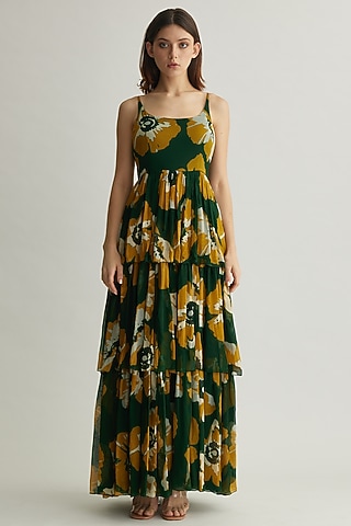 Green & Mustard Chiffon Floral Maxi Dress by Koai