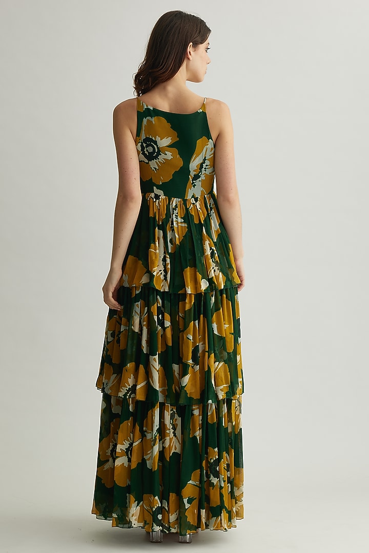 Green & Mustard Chiffon Floral Maxi Vacation Dress by Koai at Pernia's Pop Up Shop