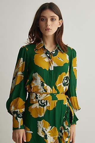 Green & Mustard Muslin Cotton Silk Floral Shirt by Koai
