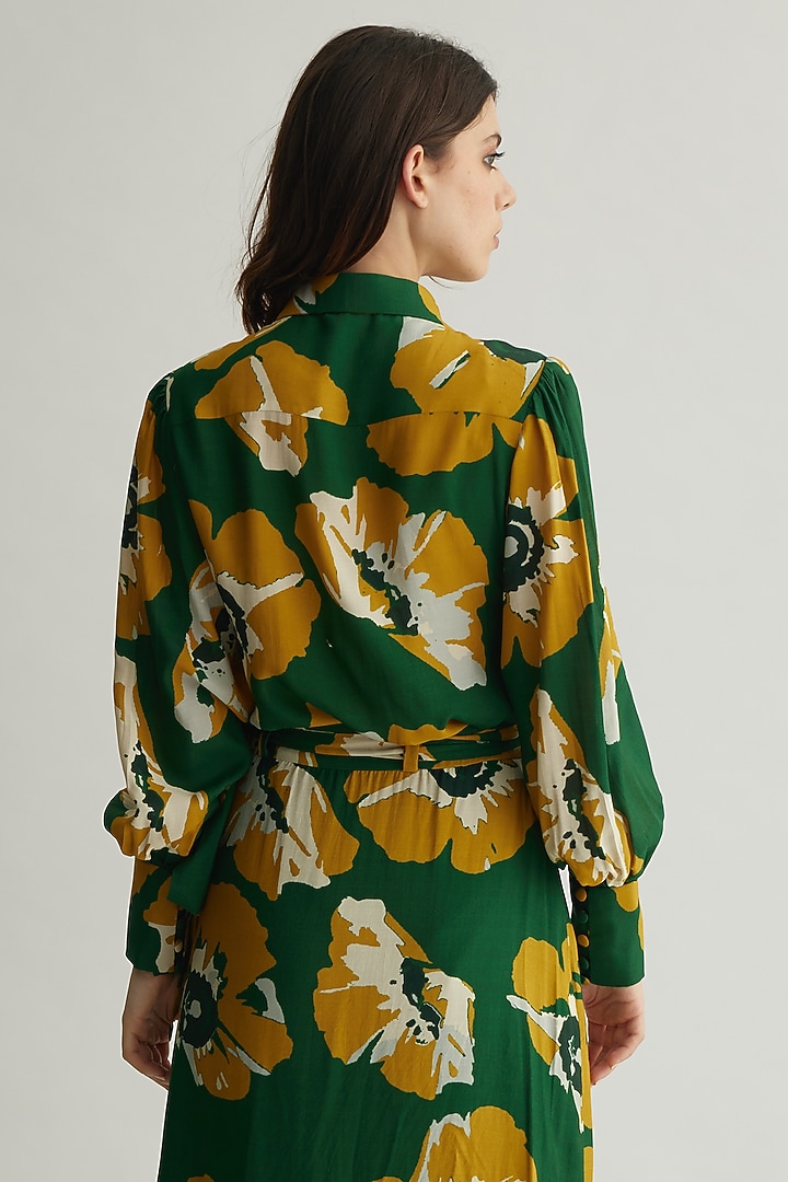 Green & Mustard Muslin Cotton Silk Floral Shirt by Koai at Pernia's Pop Up Shop