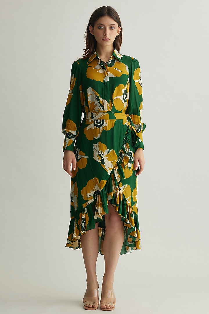 Green & Mustard Muslin Cotton Silk Floral Shirt by Koai at Pernia's Pop Up Shop
