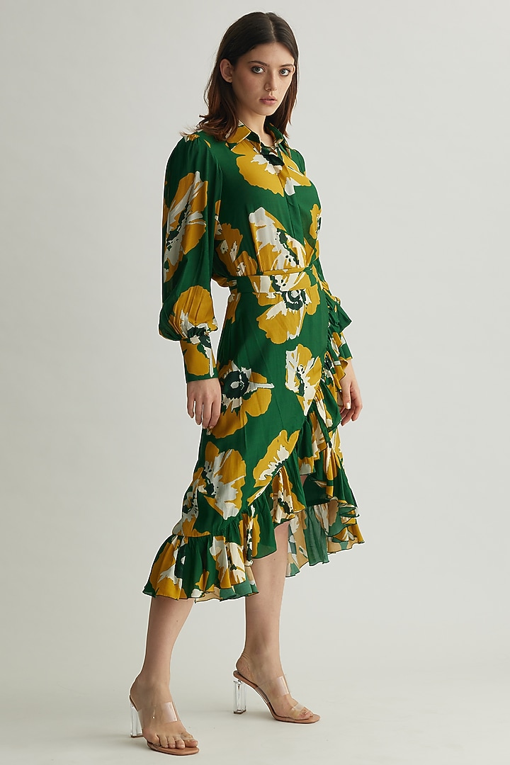 Green & Mustard Muslin Cotton Silk Floral Wrap Skirt by Koai at Pernia's Pop Up Shop