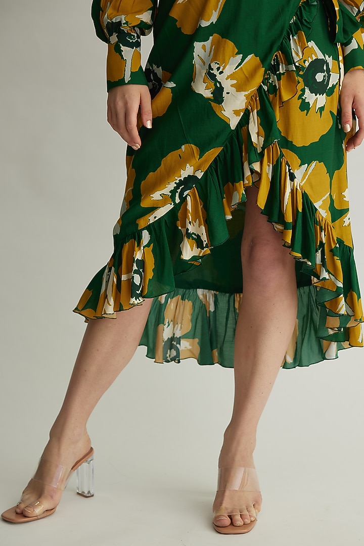 Green & Mustard Muslin Cotton Silk Floral Wrap Skirt by Koai at Pernia's Pop Up Shop