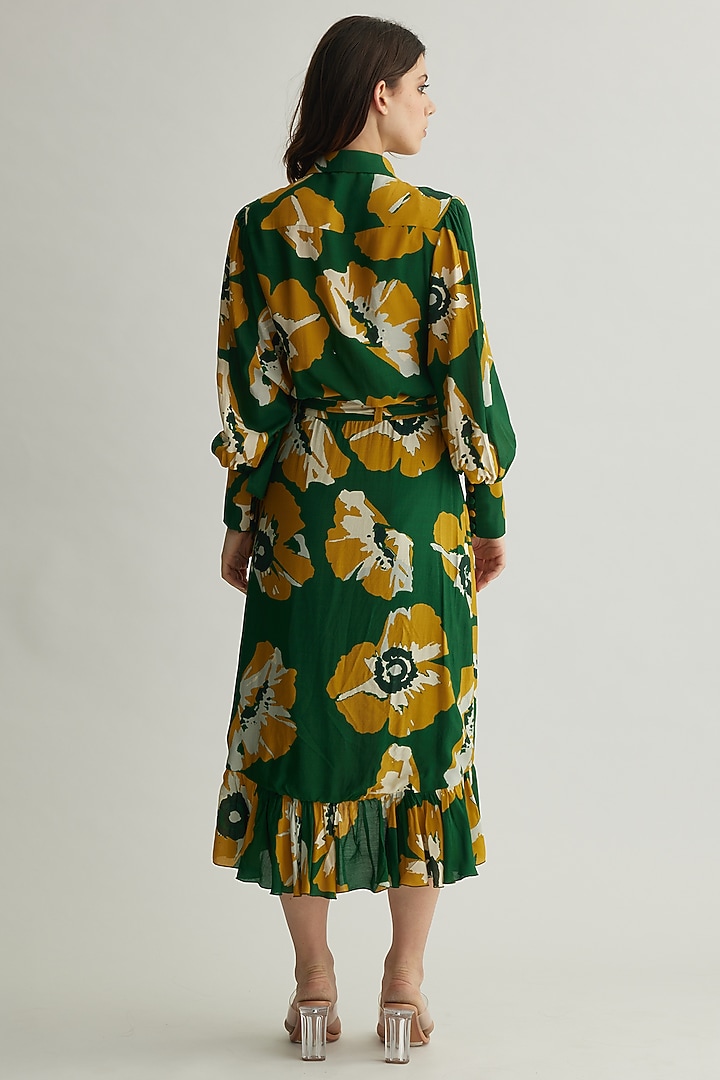 Green & Mustard Muslin Cotton Silk Floral Wrap Skirt by Koai at Pernia's Pop Up Shop