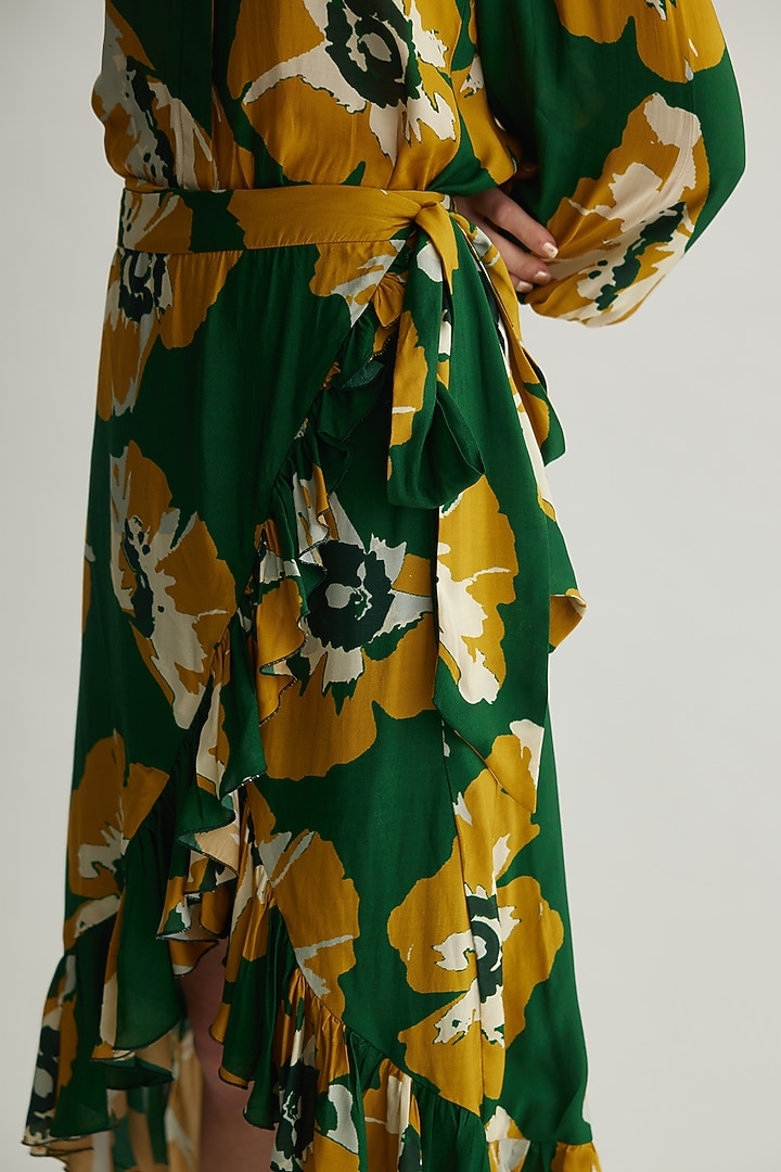 Green & Mustard Muslin Cotton Silk Floral Wrap Skirt by Koai at Pernia's Pop Up Shop